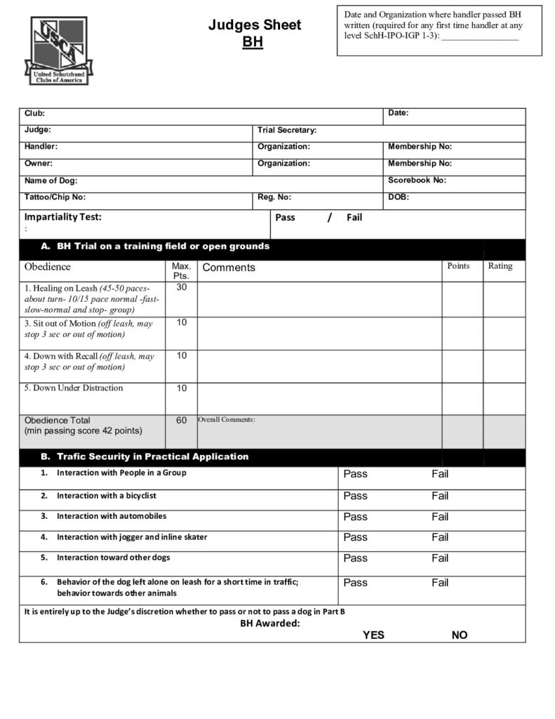 BH Judges Sheet 2025 United Schutzhund Clubs of America